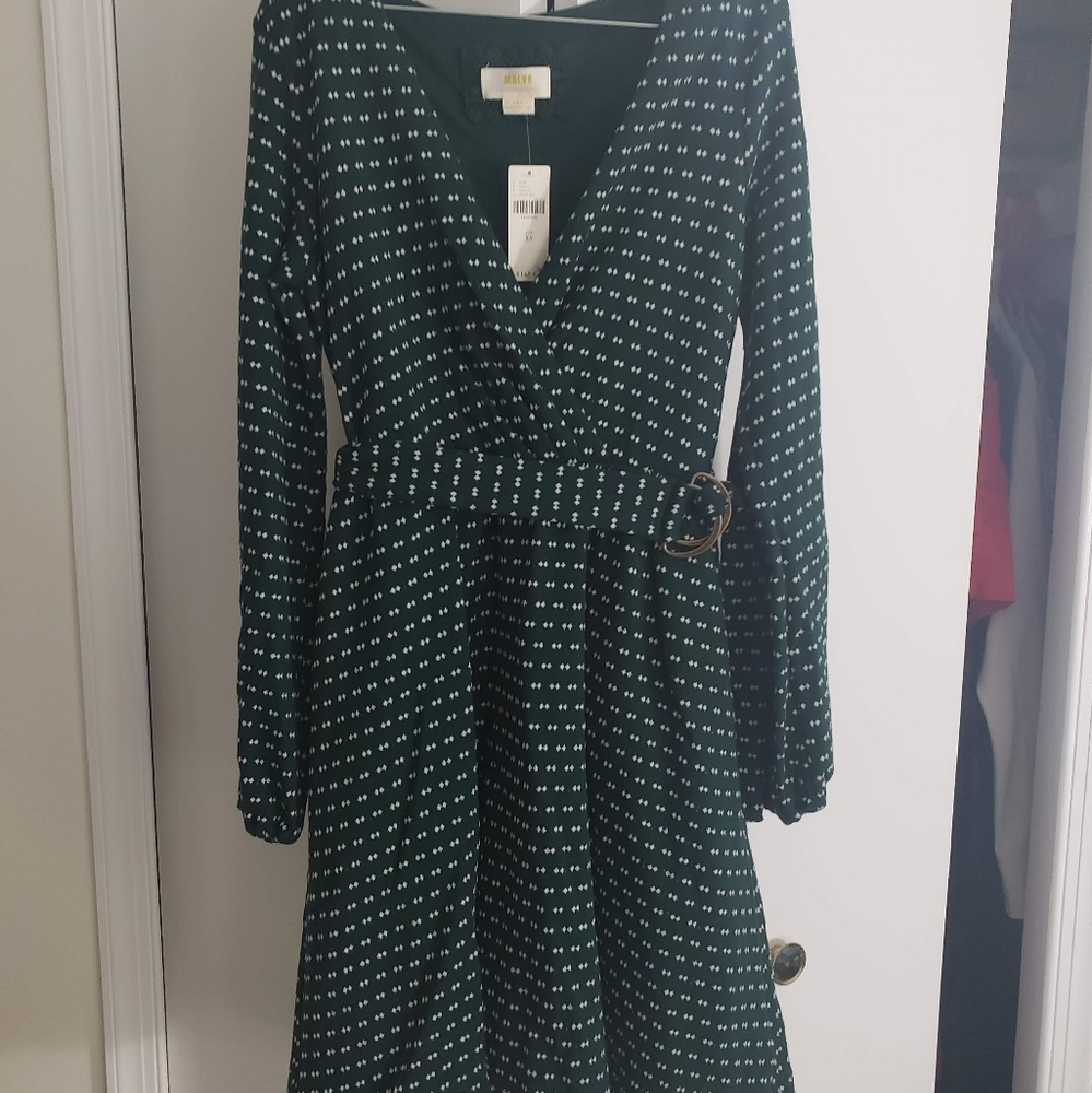 Anthropologie Maeve Green Long Sleeve Belted Dress